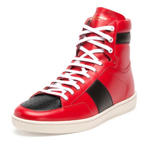 EUC Men Size 10 Saint Laurent SL/10H Contrast-Stripe High Top Sneakers Red/White - Picture 1 of 14